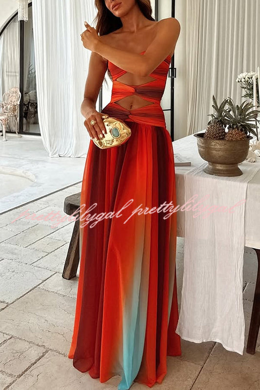 Sardinia Sunset Mesh Printed Twist Cutout Off Shoulder Vacation Maxi Dress