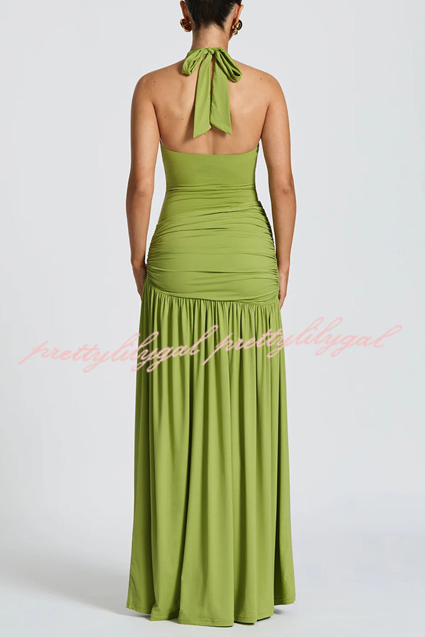 Solid Color Halter Neck Backless Slim Fit Pleated Slit Maxi Dress