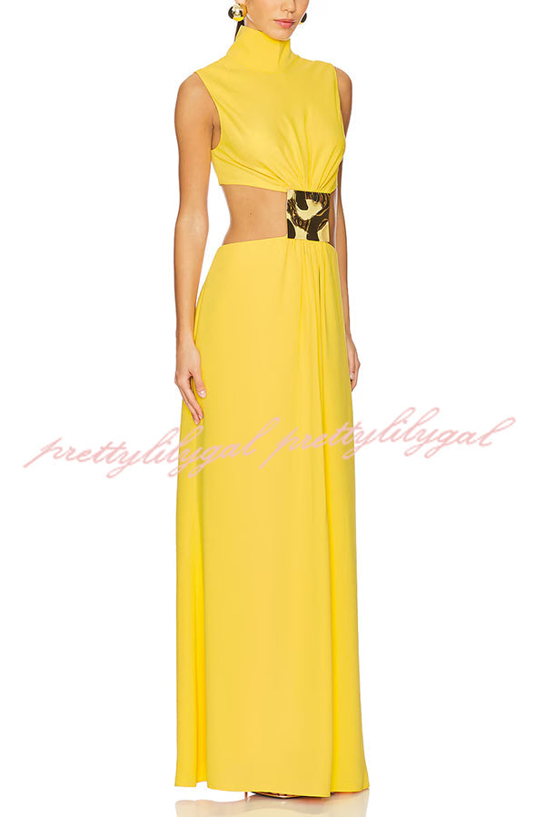 Avery High Neck Metal Decoration Cutout Waist Maxi Dress