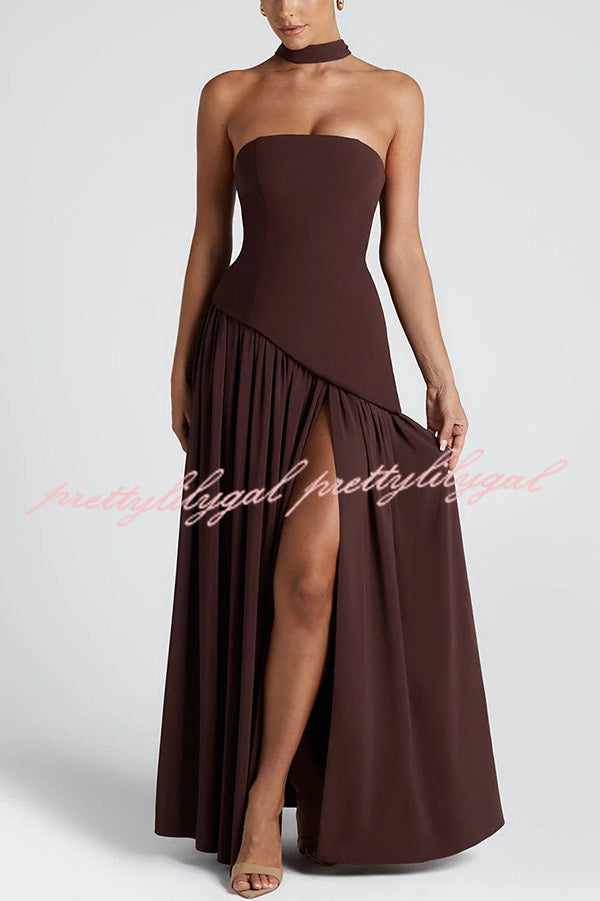 Elegant Off Shopulder Chiffon Pleated Hem Scarf Slit Maxi Dress