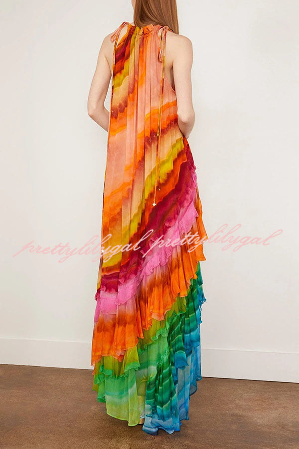Rosha Georgette Crepe Tie-dye Print Layered Ruffles A-line Maxi Dress