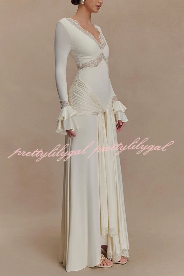 Fashion Lace Splicing Sexy V-neck Long-sleeved Slim Maxi Dress