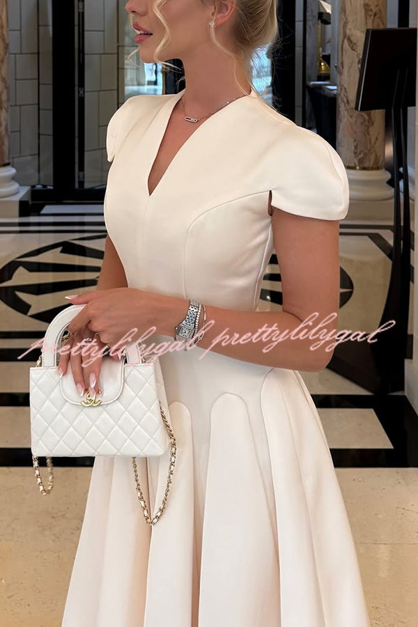Solid Color V-neck Waist Elegant Full Hem Maxi Dress