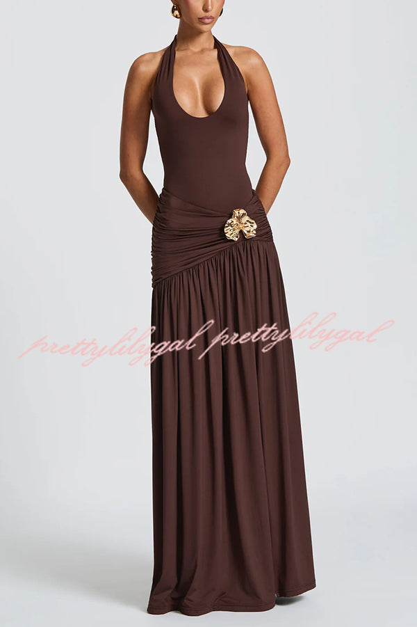 Solid Color Halter Neck Backless Slim Fit Pleated Slit Maxi Dress