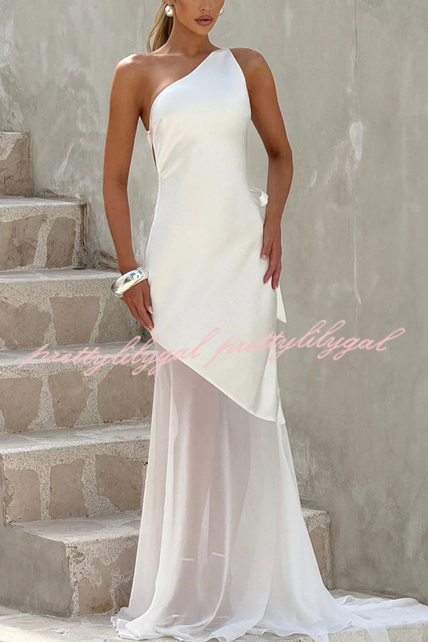 Fable Satin One Shoulder Back Adjustable Straps Contrast Chiffon Hem Maxi Dress