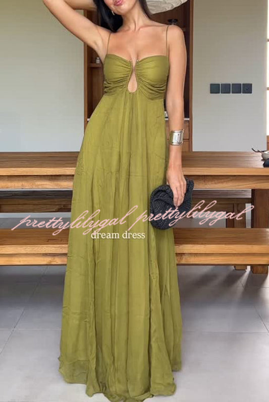 Soft and Elegant Metal Hollow Design Back Smocked A-line Slip Maxi Dress