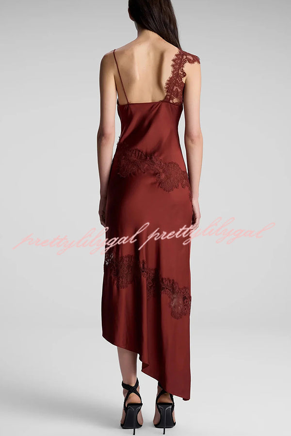 Sexy Lace Stitching Suspender V-neck Asymmetrical Maxi Dress