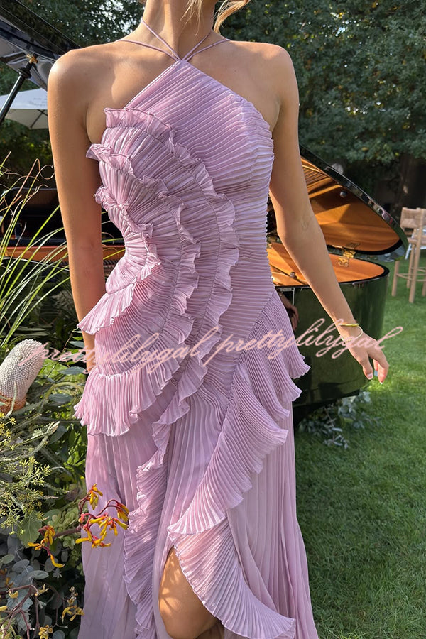 Dream Ode Lily Pad Style Pleats and Ruffles Halter Gown Maxi Dress