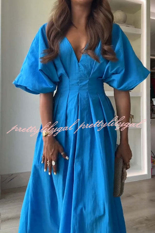 Antibes Linen Blend Princess Line Pleated Wide Puff Sleeve Midi Dress