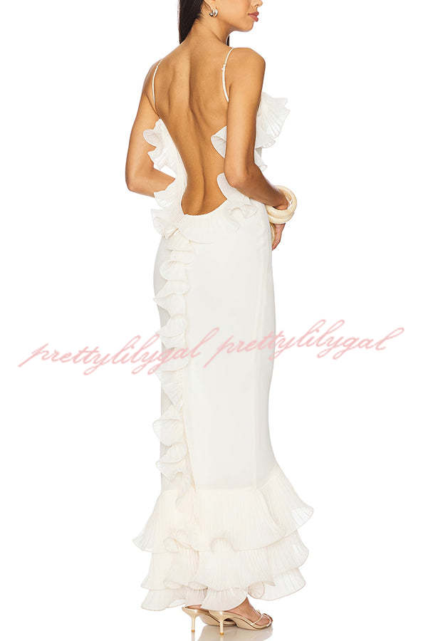 Alisin Pleated Chiffon Wavy Ruffles Trim Slip Maxi Dress