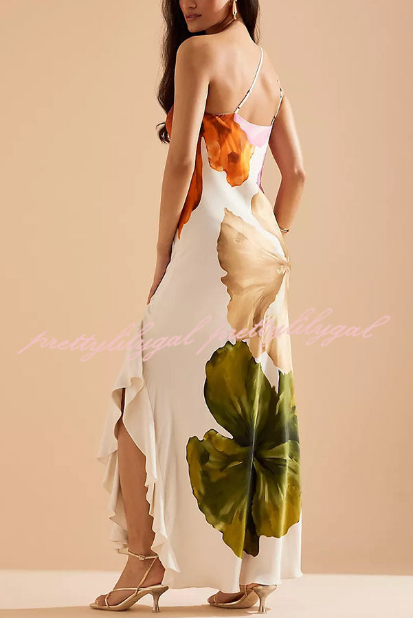 Love Filled Floral Print One Shoulder Side Ruffles Maxi Slip Dress