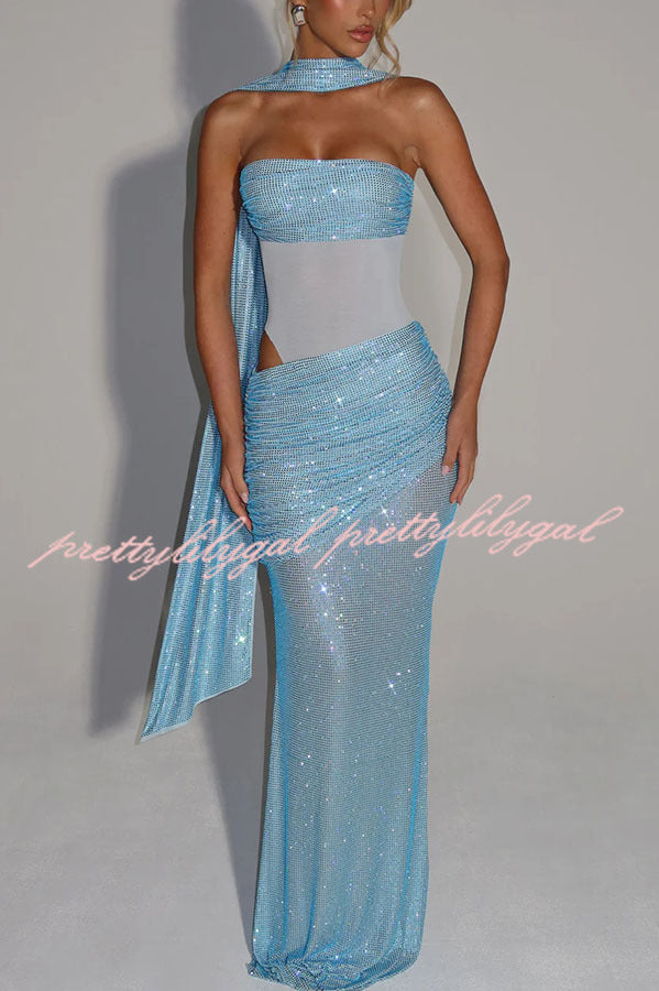Kailani Sequin Strapless Mesh Cutout Waist Ruched Scarf Maxi Dress