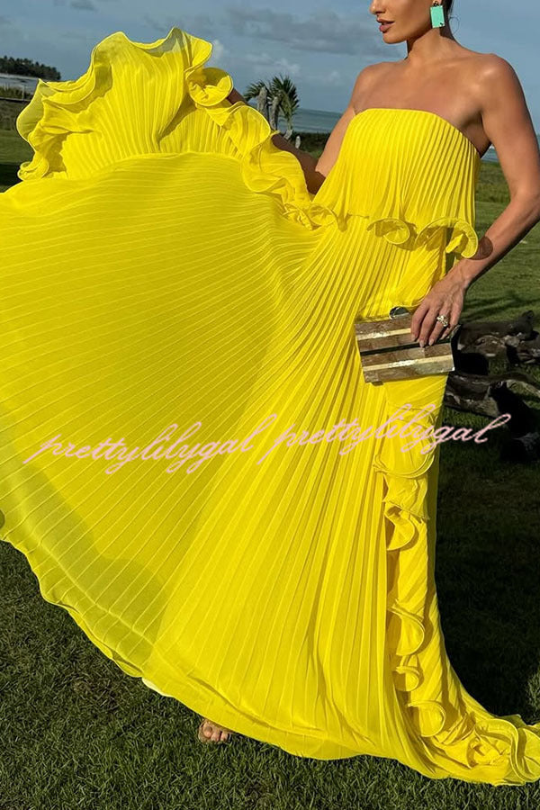 Reina Chiffon Pleated Wavy Ruffles Trim Strapless Loose Maxi Dress