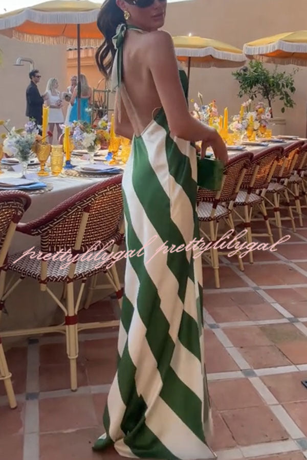 Most Dreamy Stripe Print Halter Tie-up Backless Pocket Loose Maxi Dress