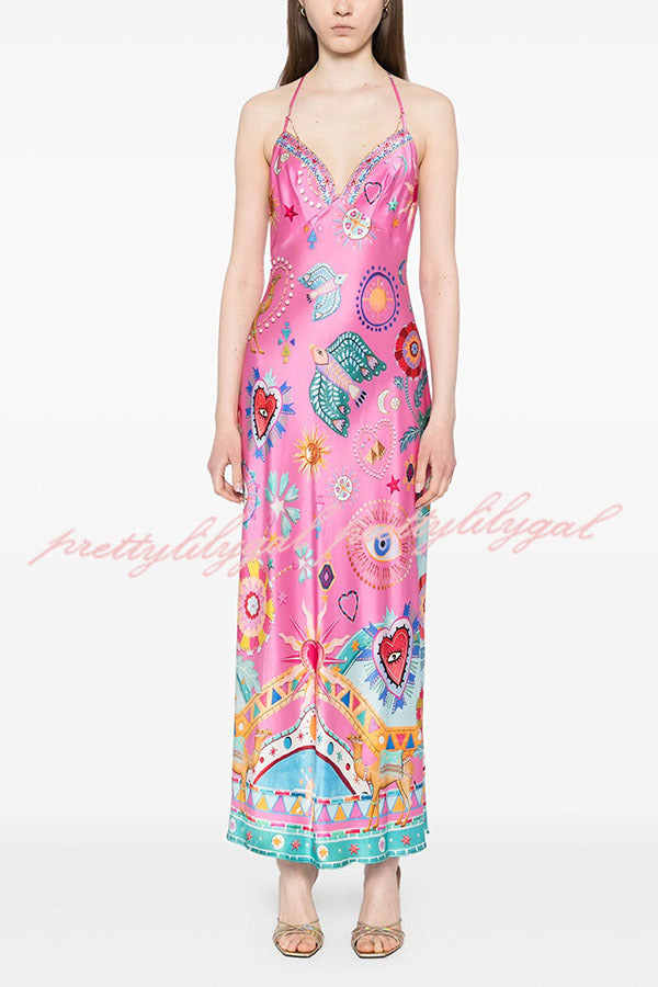 Effortless Chic Satin Unique Print Back Chain Detail Slip Maxi Dress