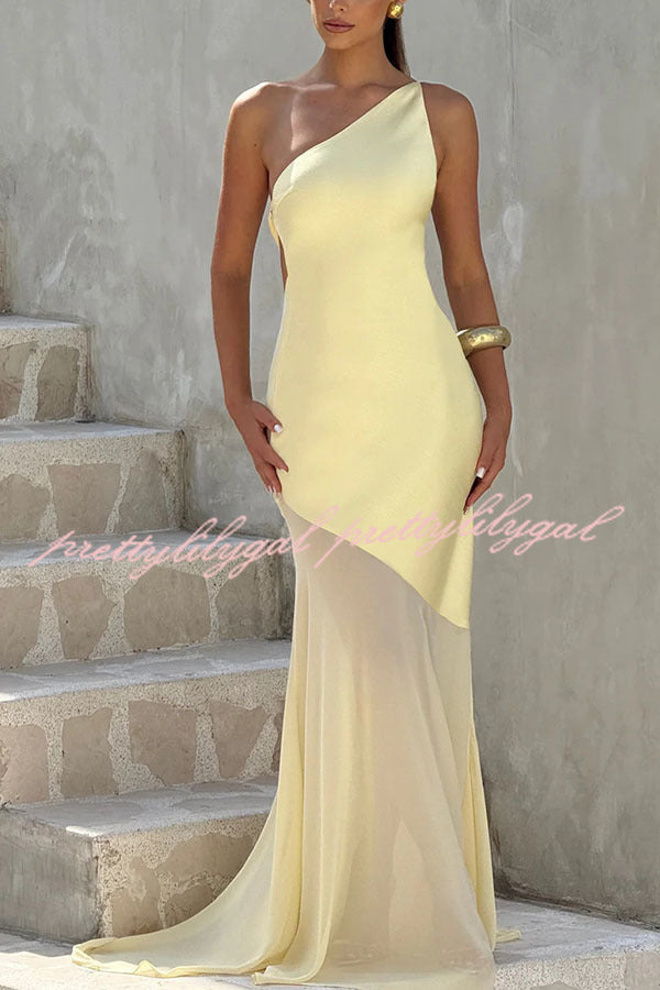 Fable Satin One Shoulder Back Adjustable Straps Contrast Chiffon Hem Maxi Dress
