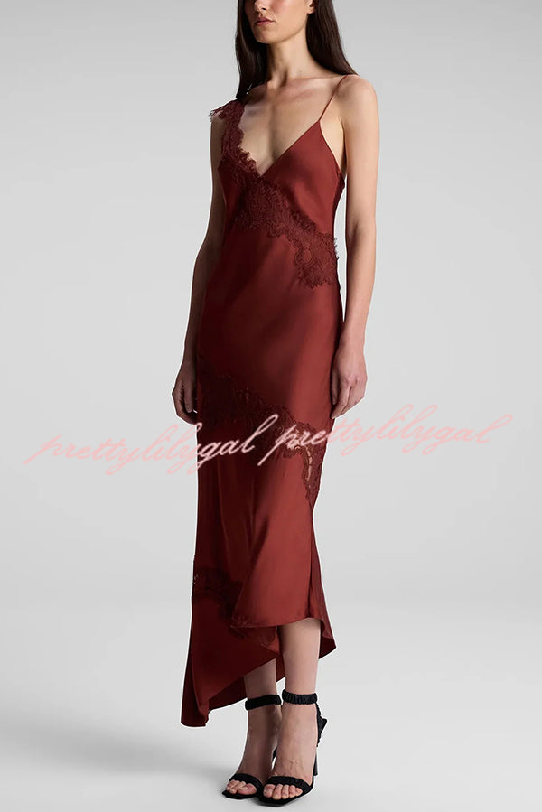 Sexy Lace Stitching Suspender V-neck Asymmetrical Maxi Dress