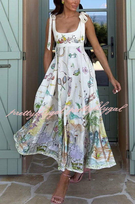 Euro Summer View Linen Blend Unique Print Tie-up Straps Pocket Midi Dress