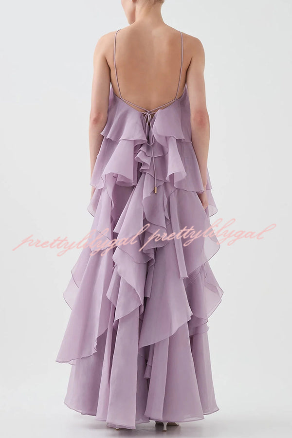 Free - Flowing Rose Detail Tiered Ruffles Halter A-line Maxi Dress