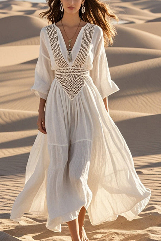 Fashion Hollow V-neck Full Hem Holiday Style Midi Dress