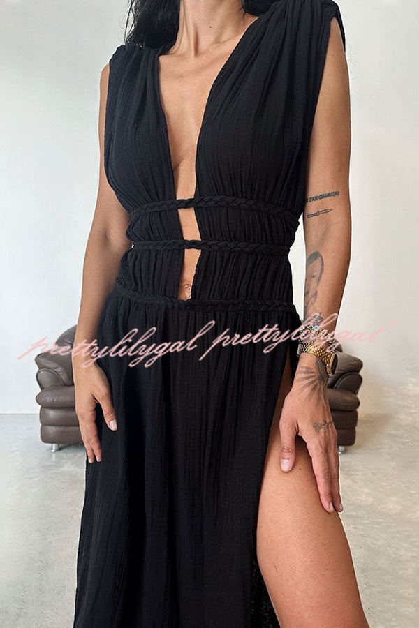 Boho with Elegance Linen Blend Braids Belt Cutout Slit Kaftan Maxi Dress