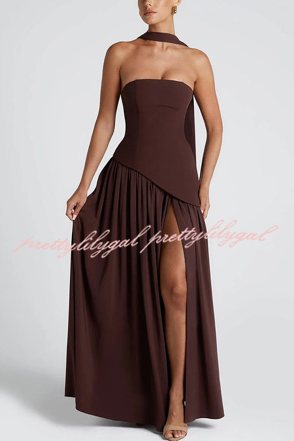 Elegant Off Shopulder Chiffon Pleated Hem Scarf Slit Maxi Dress