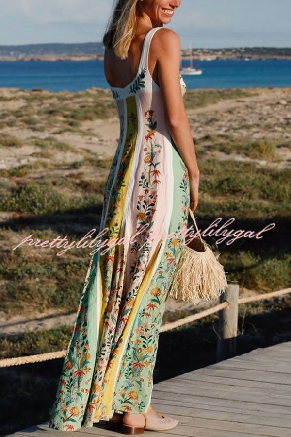 Sweet Garden Linen Blend Color Block Floral Paneled Maxi Dress