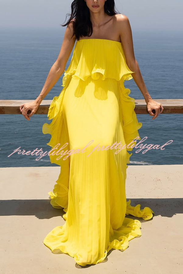 Reina Chiffon Pleated Wavy Ruffles Trim Strapless Loose Maxi Dress