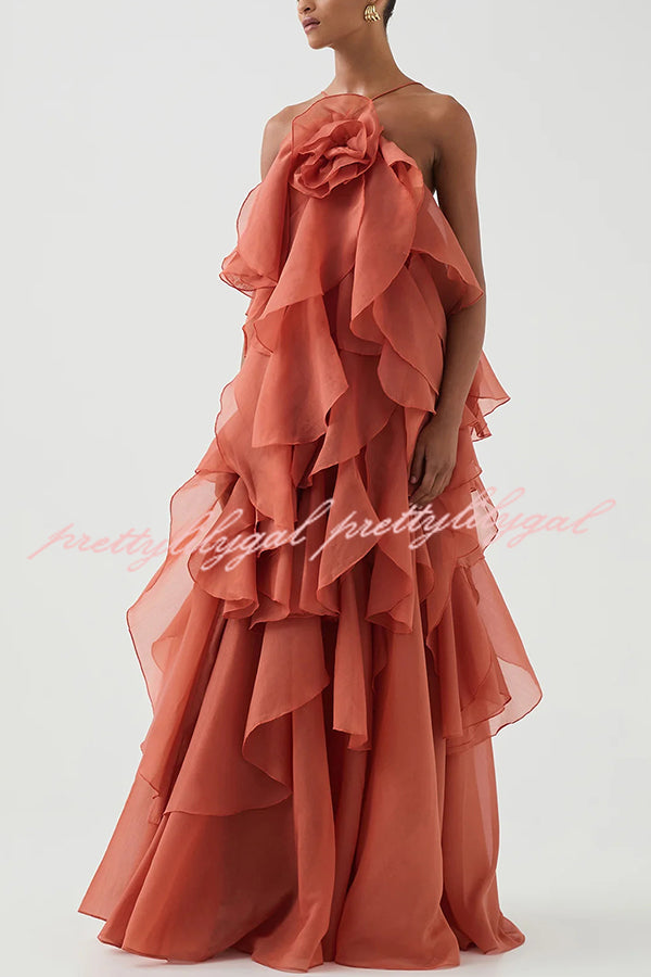 Free - Flowing Rose Detail Tiered Ruffles Halter A-line Maxi Dress