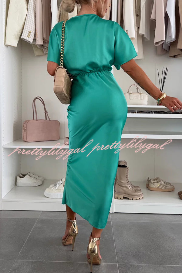 Satin Solid Color V-neck Cross Knot Slim Maxi Dress