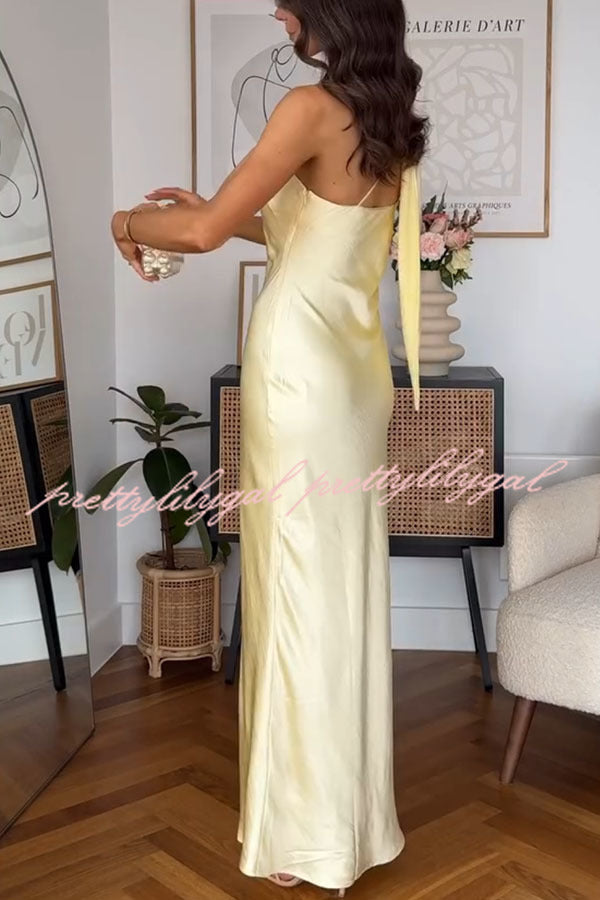 Flowing Elegance Satin One Shoulder Scarf Maxi Dress