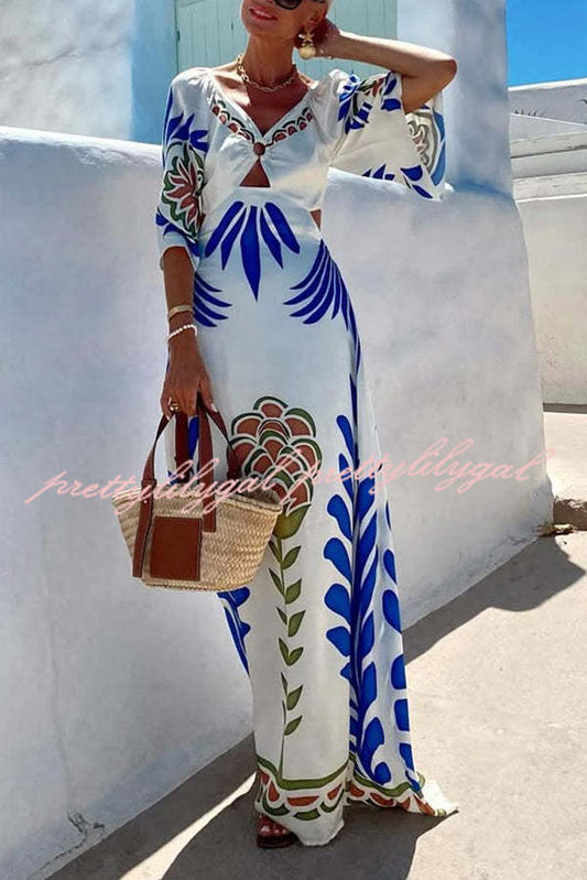 Linen Blend Unique Printed V-Neck Hollow Backless Lace-Up Holiday Maxi Dress