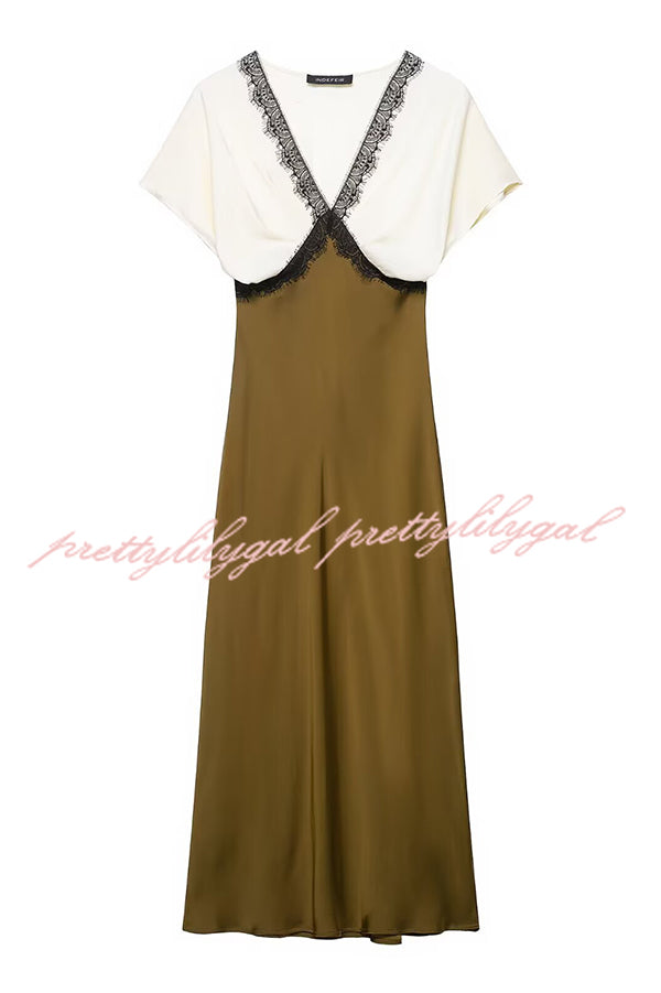 Fashionable Contrast Color V-neck Lace Stitching Maxi Dress