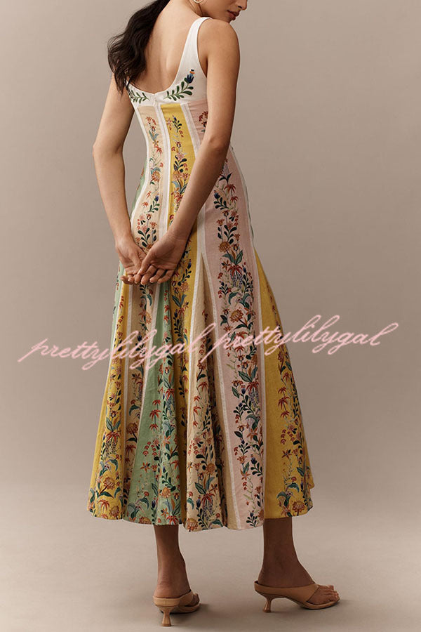 Sweet Garden Linen Blend Color Block Floral Paneled Maxi Dress