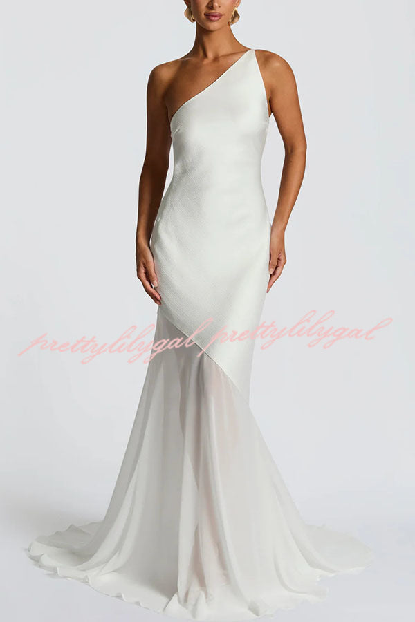 Fable Satin One Shoulder Back Adjustable Straps Contrast Chiffon Hem Maxi Dress