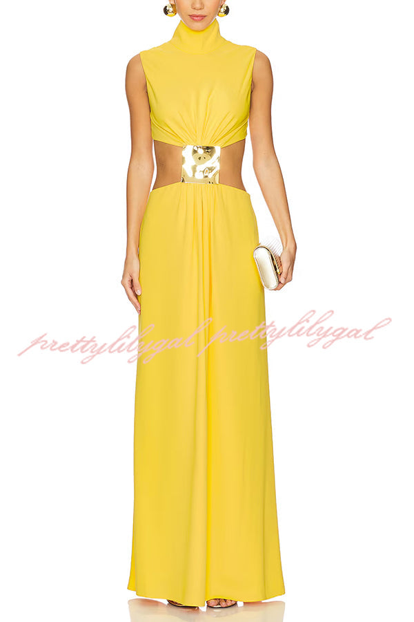 Avery High Neck Metal Decoration Cutout Waist Maxi Dress