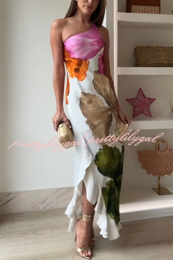 Love Filled Floral Print One Shoulder Side Ruffles Maxi Slip Dress