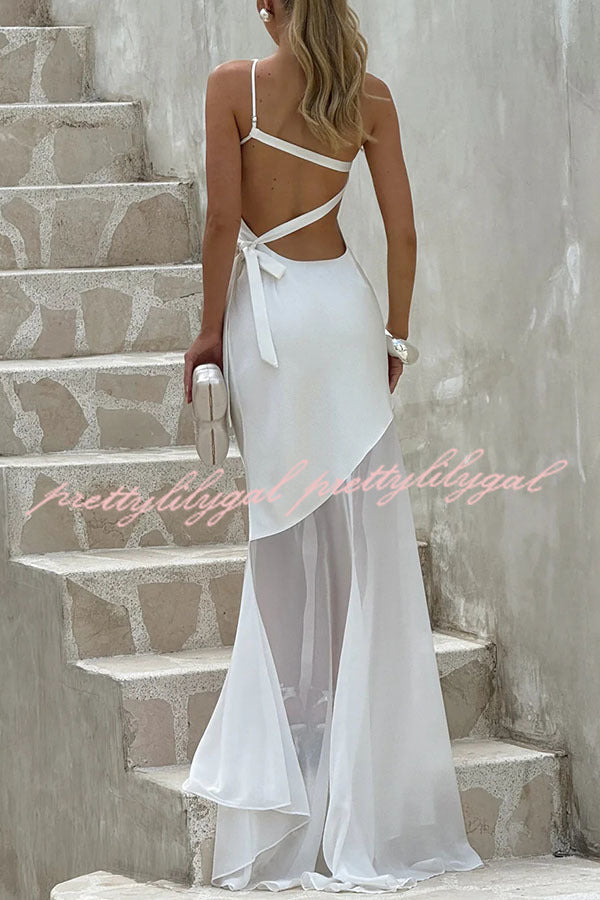 Fable Satin One Shoulder Back Adjustable Straps Contrast Chiffon Hem Maxi Dress