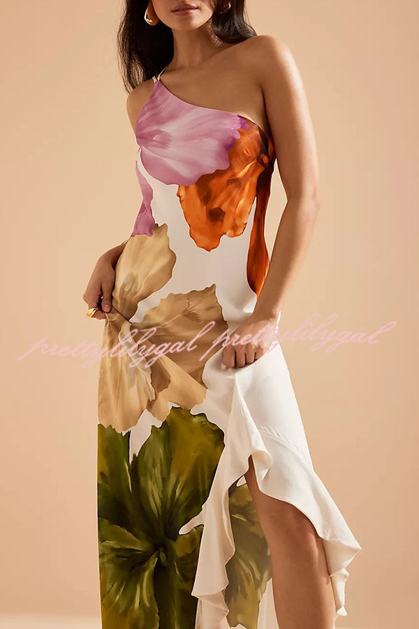 Love Filled Floral Print One Shoulder Side Ruffles Maxi Slip Dress