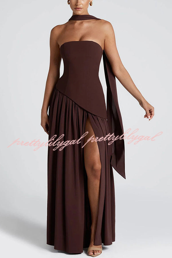 Elegant Off Shopulder Chiffon Pleated Hem Scarf Slit Maxi Dress