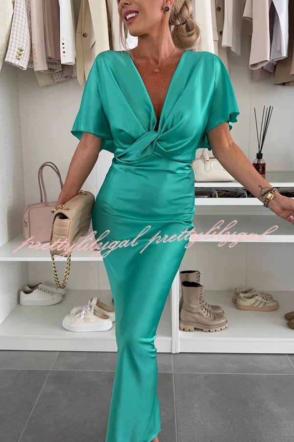Satin Solid Color V-neck Cross Knot Slim Maxi Dress