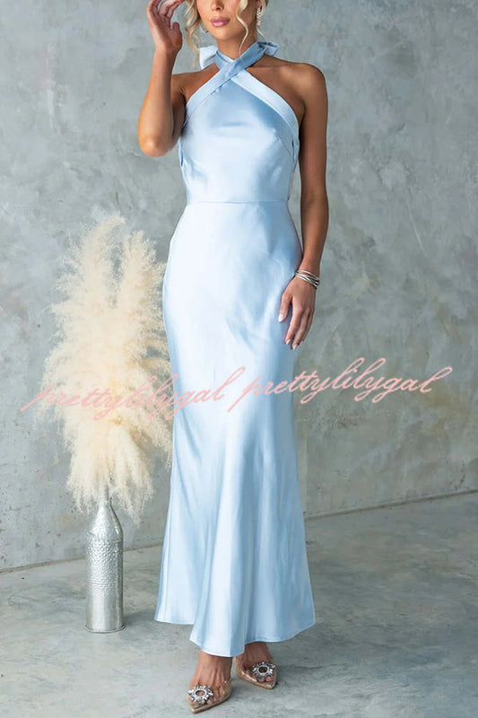Satin Fashion Halter Backless Slim Elegant Maxi Dress