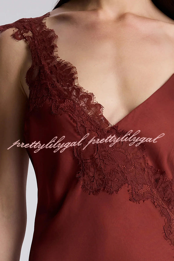 Sexy Lace Stitching Suspender V-neck Asymmetrical Maxi Dress