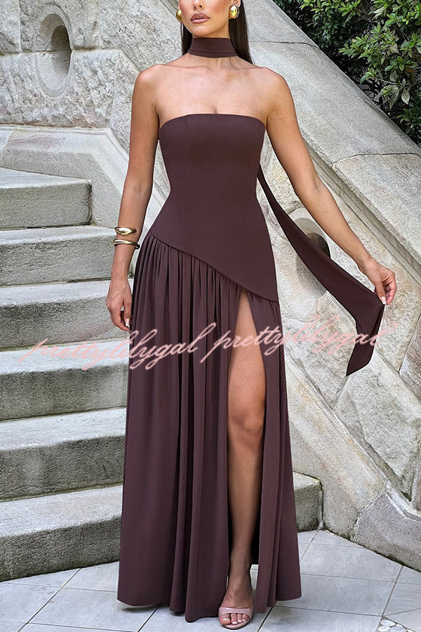Elegant Off Shopulder Chiffon Pleated Hem Scarf Slit Maxi Dress