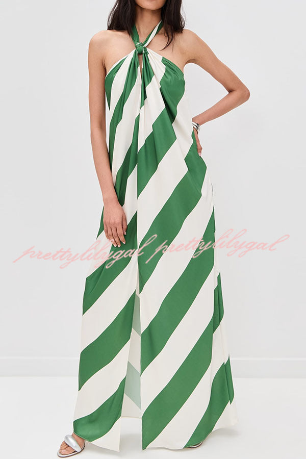 Most Dreamy Stripe Print Halter Tie-up Backless Pocket Loose Maxi Dress