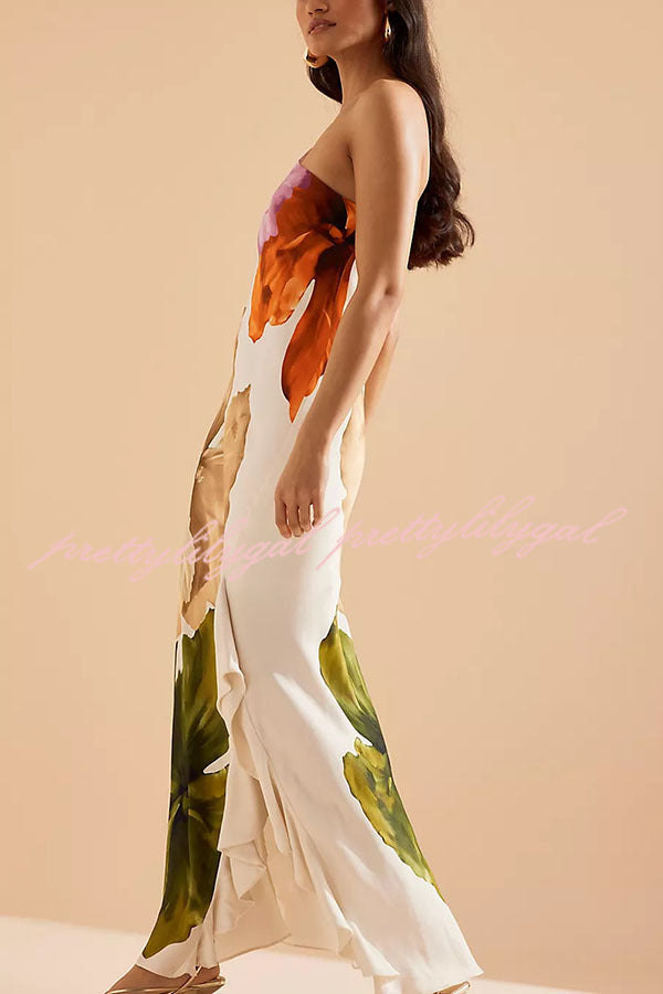 Love Filled Floral Print One Shoulder Side Ruffles Maxi Slip Dress