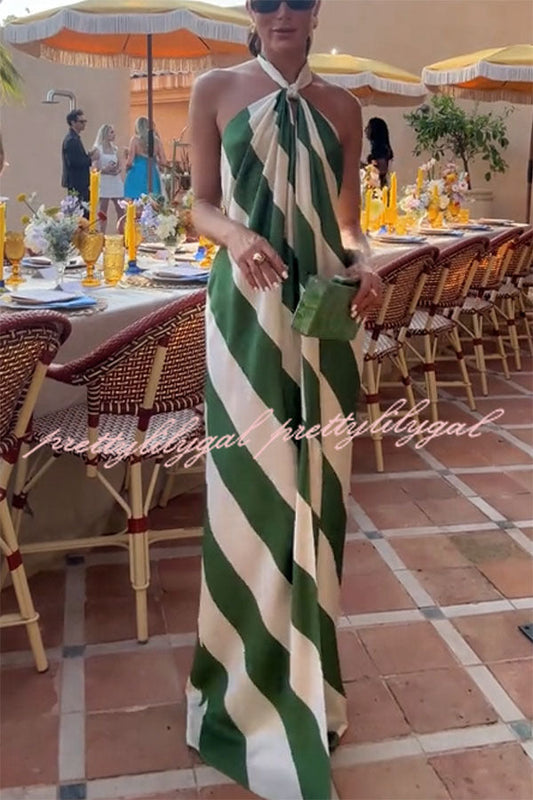 Most Dreamy Stripe Print Halter Tie-up Backless Pocket Loose Maxi Dress