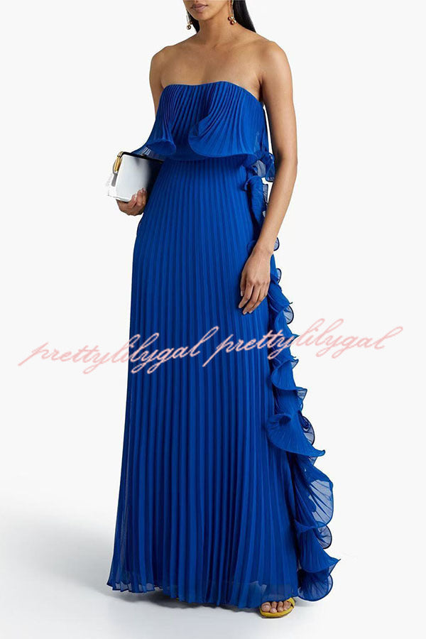 Reina Chiffon Pleated Wavy Ruffles Trim Strapless Loose Maxi Dress