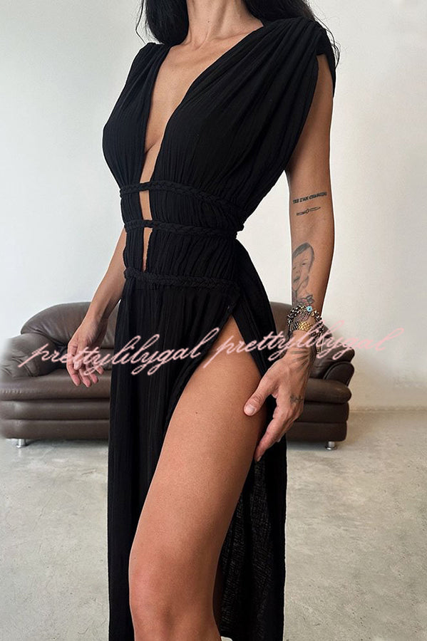 Boho with Elegance Linen Blend Braids Belt Cutout Slit Kaftan Maxi Dress