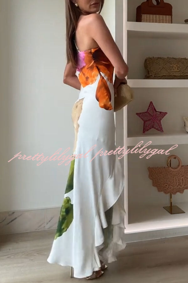 Love Filled Floral Print One Shoulder Side Ruffles Maxi Slip Dress